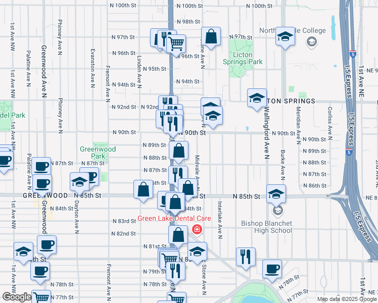 map of restaurants, bars, coffee shops, grocery stores, and more near 8800 Nesbit Avenue North in Seattle