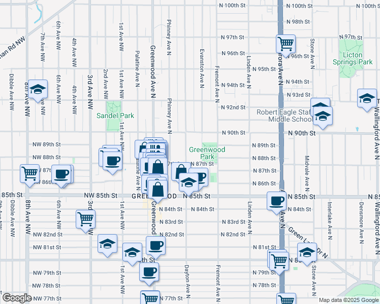 map of restaurants, bars, coffee shops, grocery stores, and more near 510 North 87th Street in Seattle
