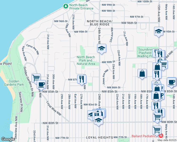 map of restaurants, bars, coffee shops, grocery stores, and more near 2512 Northwest 87th Street in Seattle