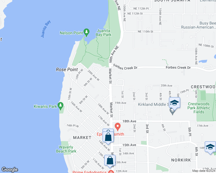 map of restaurants, bars, coffee shops, grocery stores, and more near 700 20th Avenue West in Kirkland