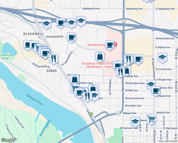 map of restaurants, bars, coffee shops, grocery stores, and more near 951 Emma Avenue in Coeur d'Alene