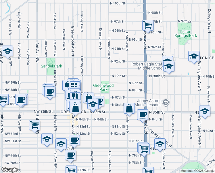 map of restaurants, bars, coffee shops, grocery stores, and more near 8635 Fremont Avenue North in Seattle