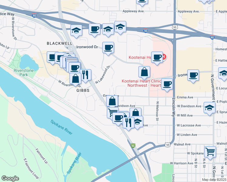 map of restaurants, bars, coffee shops, grocery stores, and more near 1102 West Davidson Avenue in Coeur d'Alene