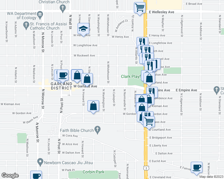 map of restaurants, bars, coffee shops, grocery stores, and more near 3827 North Calispel Street in Spokane