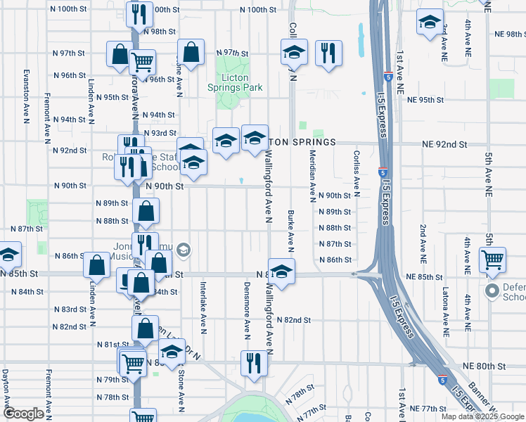 map of restaurants, bars, coffee shops, grocery stores, and more near 8825 Wallingford Avenue North in Seattle