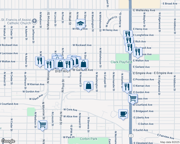 map of restaurants, bars, coffee shops, grocery stores, and more near 501 West Providence Avenue in Spokane