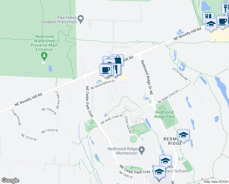 map of restaurants, bars, coffee shops, grocery stores, and more near 22433 Northeast Marketplace Drive in Redmond