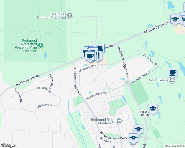 map of restaurants, bars, coffee shops, grocery stores, and more near 22433 Northeast Marketplace Drive in Redmond