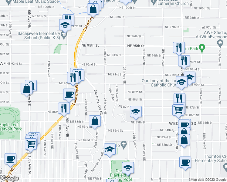 map of restaurants, bars, coffee shops, grocery stores, and more near 8717 25th Place Northeast in Seattle