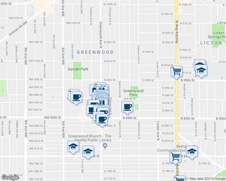 map of restaurants, bars, coffee shops, grocery stores, and more near in Seattle