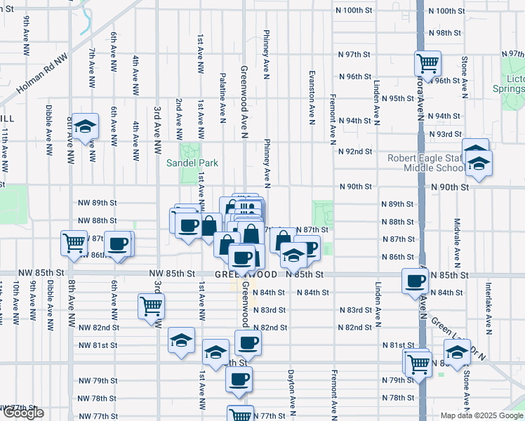 map of restaurants, bars, coffee shops, grocery stores, and more near 8704 Greenwood Avenue North in Seattle