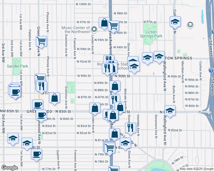 map of restaurants, bars, coffee shops, grocery stores, and more near 947 North 89th Street in Seattle