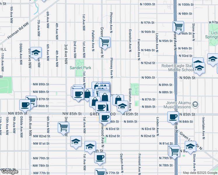 map of restaurants, bars, coffee shops, grocery stores, and more near 8727 Phinney Avenue North in Seattle