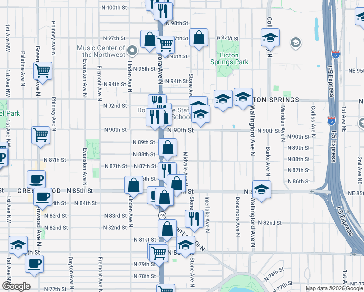 map of restaurants, bars, coffee shops, grocery stores, and more near 8842 Nesbit Avenue North in Seattle