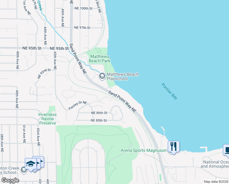 map of restaurants, bars, coffee shops, grocery stores, and more near 8772 Sand Point Way Northeast in Seattle