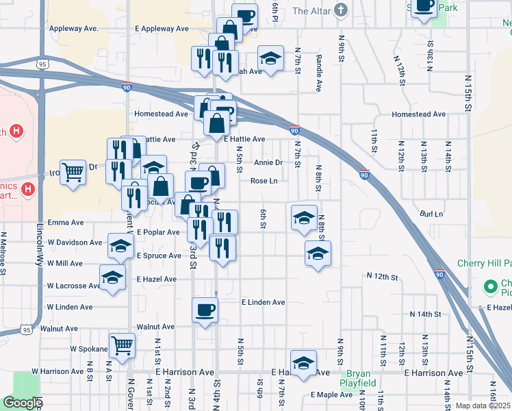 map of restaurants, bars, coffee shops, grocery stores, and more near 514 Rose Lane in Coeur d'Alene