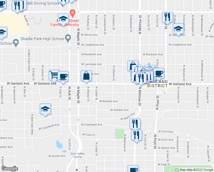 map of restaurants, bars, coffee shops, grocery stores, and more near 1217 West Garland Avenue in Spokane
