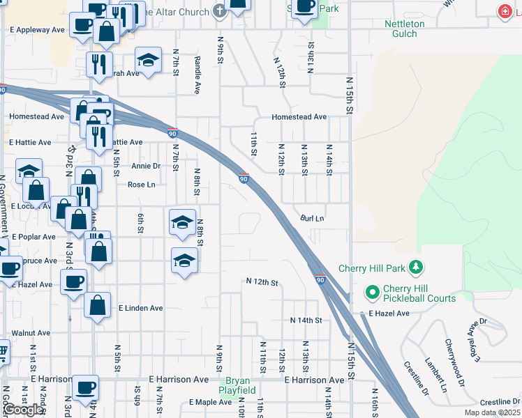 map of restaurants, bars, coffee shops, grocery stores, and more near 1906 Rose Lane in Coeur d'Alene