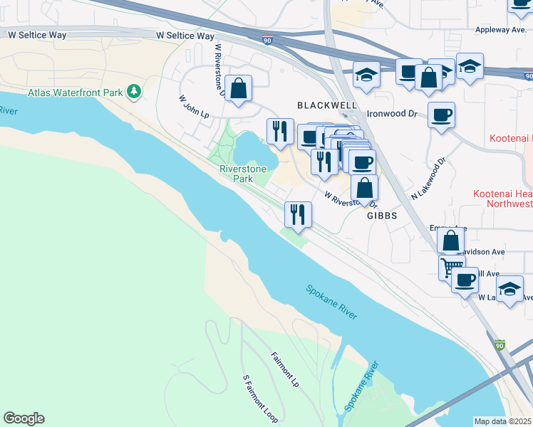 map of restaurants, bars, coffee shops, grocery stores, and more near 1810 West Felton Drive in Coeur d'Alene