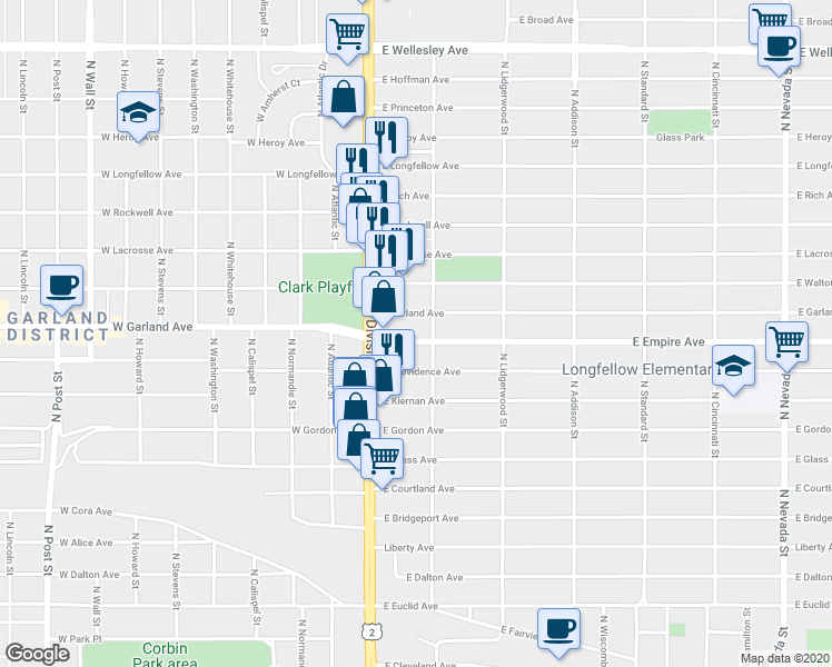 map of restaurants, bars, coffee shops, grocery stores, and more near 35 East Garland Avenue in Spokane
