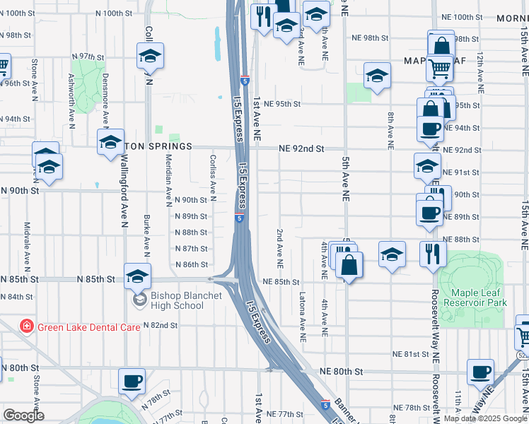 map of restaurants, bars, coffee shops, grocery stores, and more near 8854 1st Avenue Northeast in Seattle