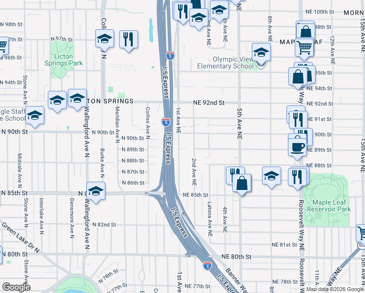 map of restaurants, bars, coffee shops, grocery stores, and more near 8854 1st Avenue Northeast in Seattle