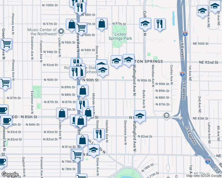 map of restaurants, bars, coffee shops, grocery stores, and more near 8854 Interlake Avenue North in Seattle