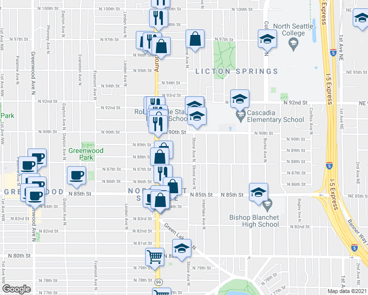 map of restaurants, bars, coffee shops, grocery stores, and more near 1215 North 90th Street in Seattle