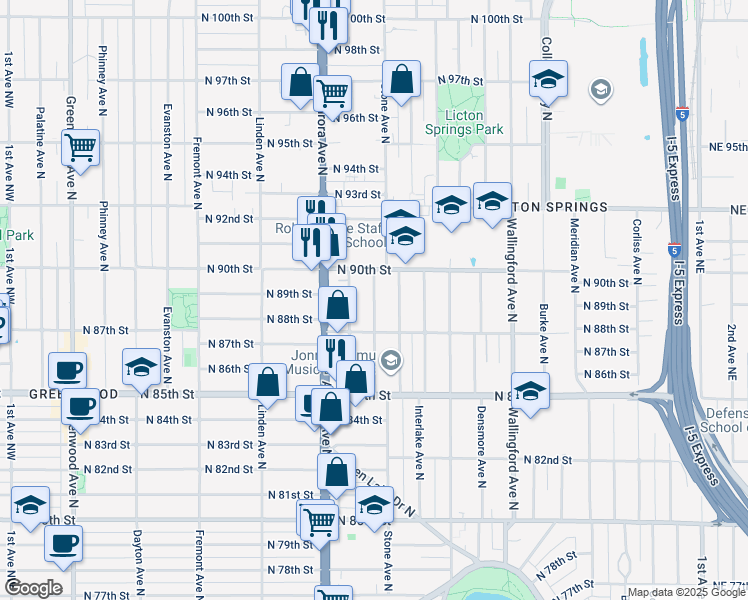 map of restaurants, bars, coffee shops, grocery stores, and more near 8842 Nesbit Avenue North in Seattle