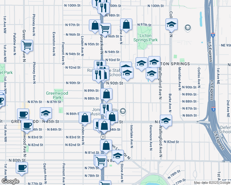map of restaurants, bars, coffee shops, grocery stores, and more near 8842 Nesbit Avenue North in Seattle