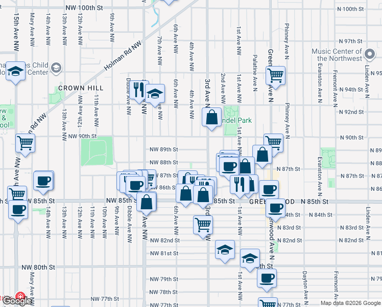 map of restaurants, bars, coffee shops, grocery stores, and more near 339 Northwest 90th Street in Seattle
