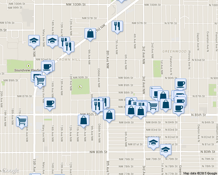 map of restaurants, bars, coffee shops, grocery stores, and more near 715 Northwest 90th Street in Seattle