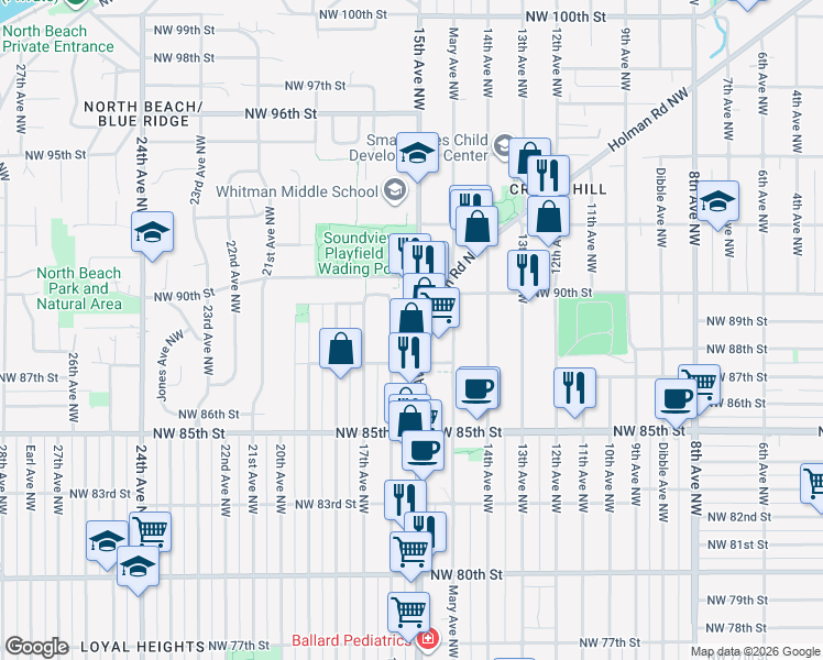 map of restaurants, bars, coffee shops, grocery stores, and more near 8729 15th Avenue Northwest in Seattle