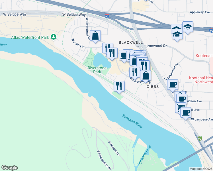 map of restaurants, bars, coffee shops, grocery stores, and more near 1810 West Felton Drive in Coeur d'Alene