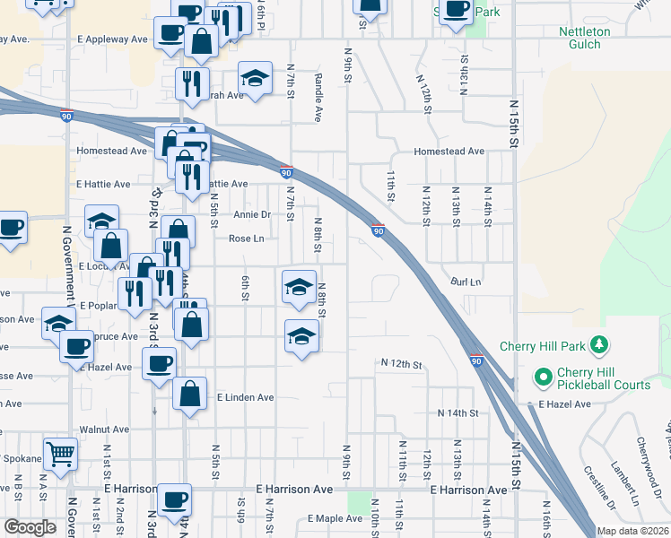 map of restaurants, bars, coffee shops, grocery stores, and more near 1909 North 9th Street in Coeur d'Alene