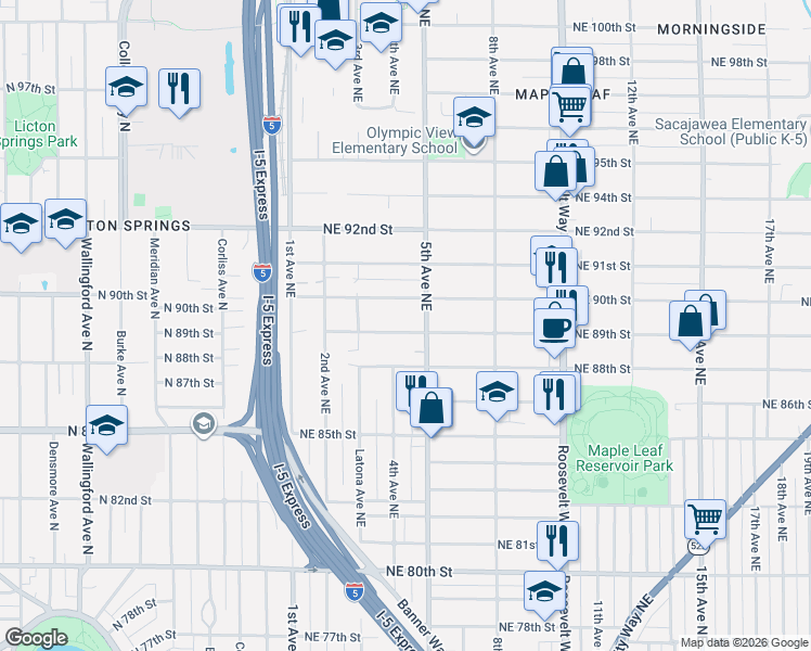 map of restaurants, bars, coffee shops, grocery stores, and more near 340 Northeast 89th Street in Seattle