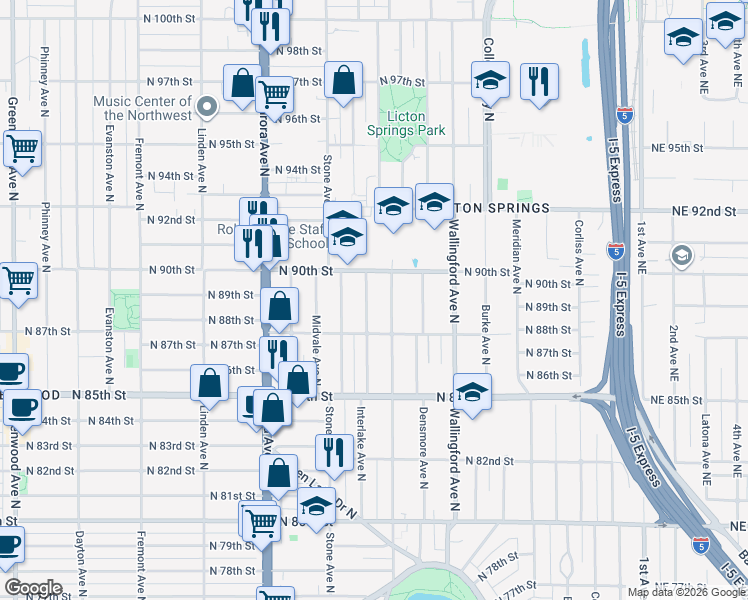 map of restaurants, bars, coffee shops, grocery stores, and more near 8854 Interlake Avenue North in Seattle