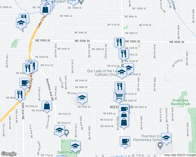 map of restaurants, bars, coffee shops, grocery stores, and more near 3034 Northeast 89th Street in Seattle