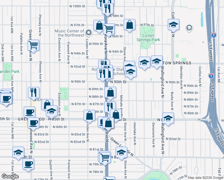 map of restaurants, bars, coffee shops, grocery stores, and more near in Seattle