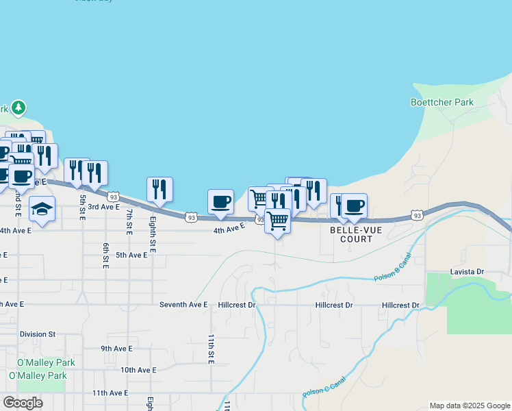 map of restaurants, bars, coffee shops, grocery stores, and more near 1207 U.S. 93 in Polson