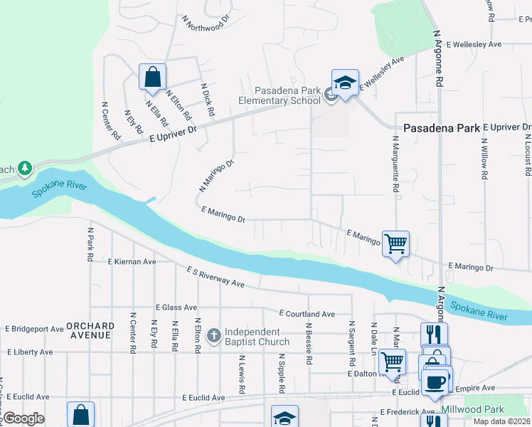 map of restaurants, bars, coffee shops, grocery stores, and more near 4020 North Vista Court in Spokane