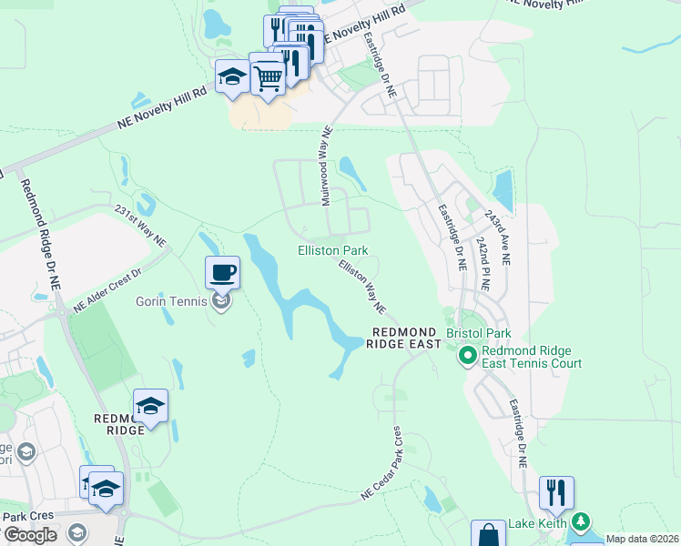 map of restaurants, bars, coffee shops, grocery stores, and more near 23720 Northeast 107th Lane in Redmond