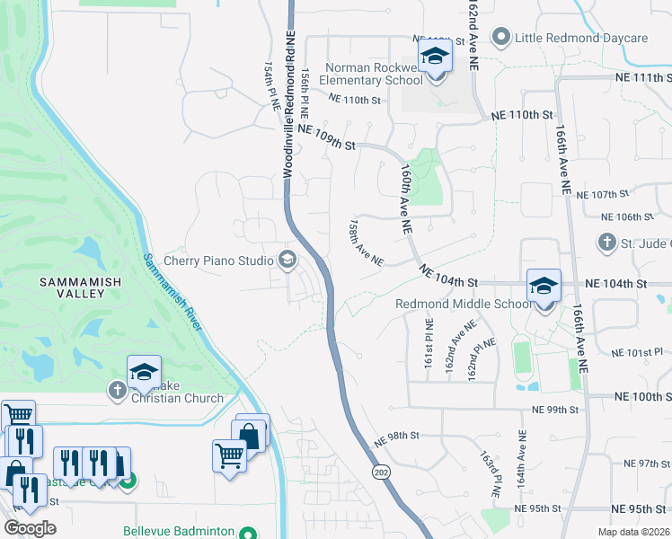 map of restaurants, bars, coffee shops, grocery stores, and more near 10534 157th Avenue Northeast in Redmond
