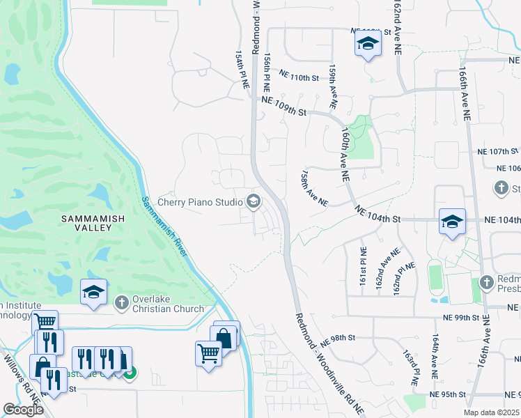 map of restaurants, bars, coffee shops, grocery stores, and more near 10398 157th Place Northeast in Redmond