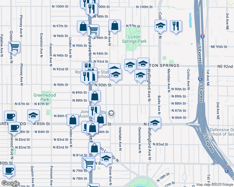map of restaurants, bars, coffee shops, grocery stores, and more near 1215 North 90th Street in Seattle