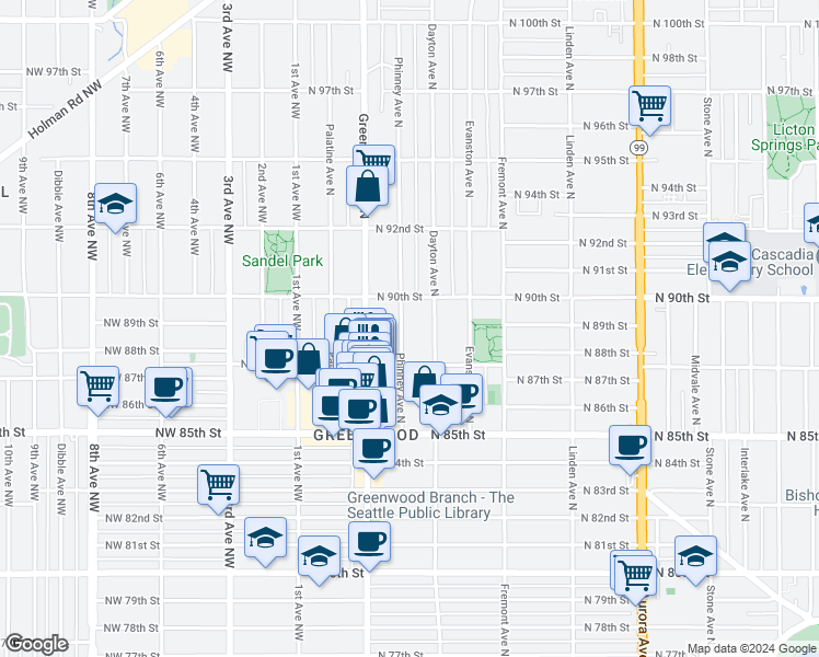 map of restaurants, bars, coffee shops, grocery stores, and more near 411 North 90th Street in Seattle