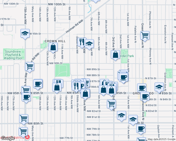 map of restaurants, bars, coffee shops, grocery stores, and more near 715 Northwest 90th Street in Seattle