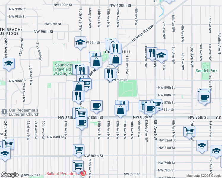 map of restaurants, bars, coffee shops, grocery stores, and more near 8753 13th Avenue Northwest in Seattle