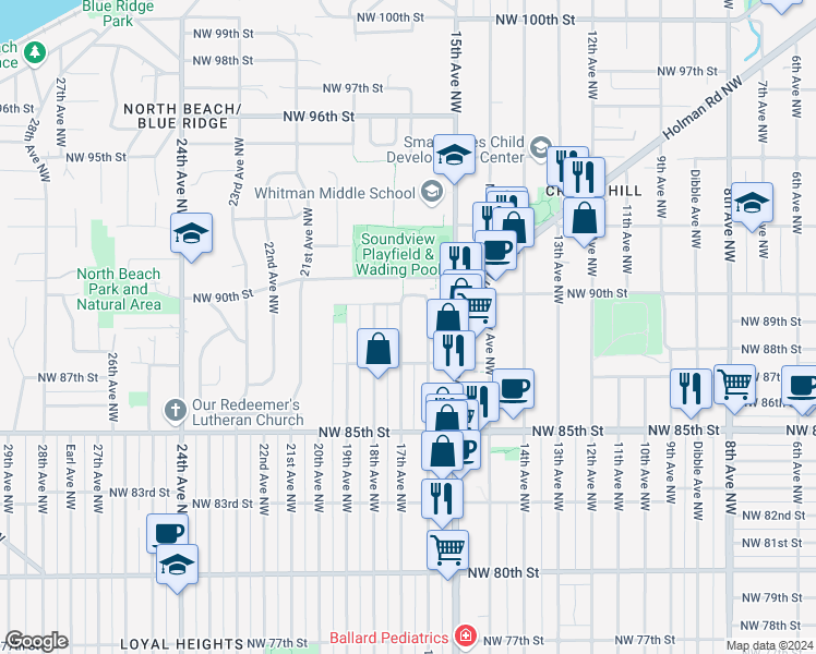 map of restaurants, bars, coffee shops, grocery stores, and more near 8754 17th Avenue Northwest in Seattle