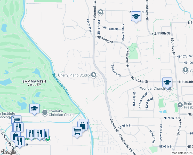 map of restaurants, bars, coffee shops, grocery stores, and more near 10398 157th Place Northeast in Redmond